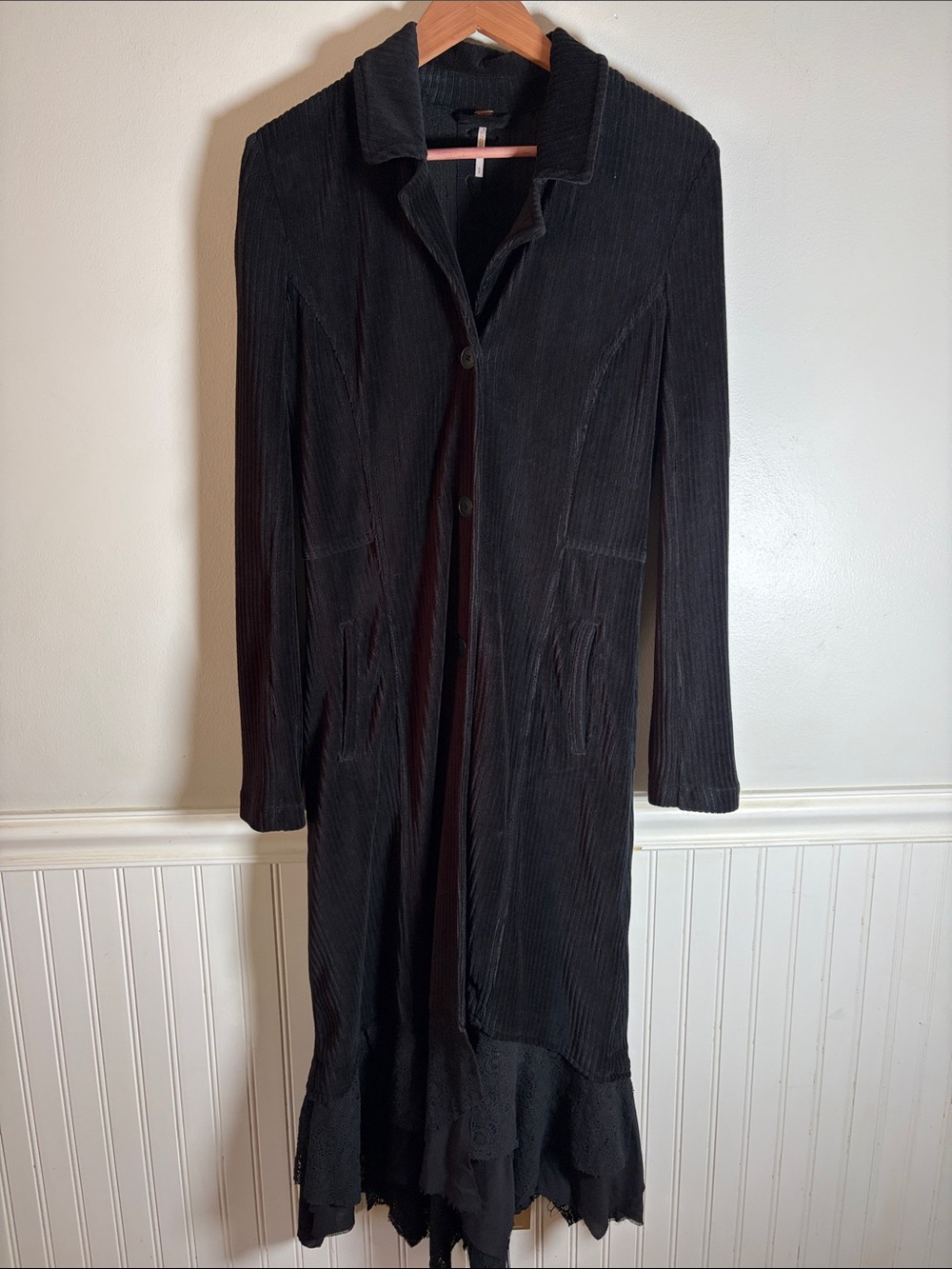 Free People Great Lengths Lacey Corduroy Duster Coat w/Lace Up Back